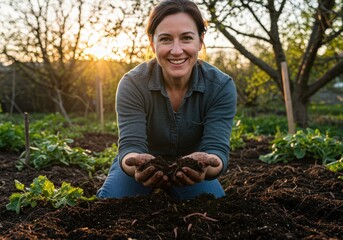 Woman kneeling holding soil in a garden with trees in the background