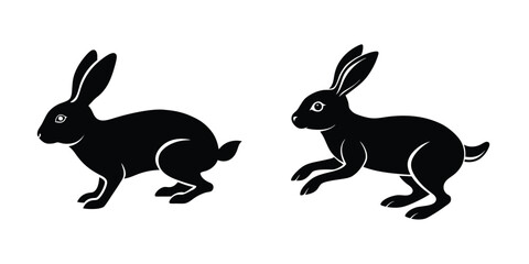 Rabbit Hopping Forward Flat Silhouette on White Background