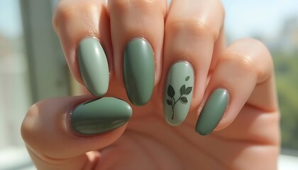 A close-up of a hand with impeccably manicured nails painted in varying shades of matte olive green, with one nail featuring a delicate black leafy branch design, suggesting a modern and natural aesth