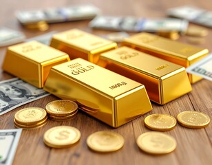 Close up 3D render of shiny gold bullion bars placed on a wooden table, surrounded