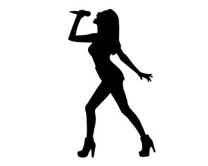 Silhouette of female singer singing, isolated icon on white background.	