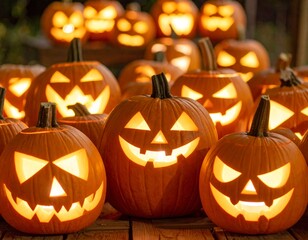 Obraz premium Close up of carved pumpkins with glowing interiors