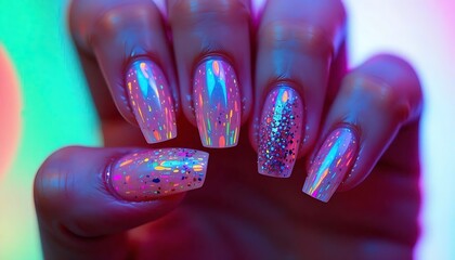 Striking close-up of almond-shaped nails featuring a vibrant holographic purple and blue iridescent finish, creating a futuristic and eye-catching look. 