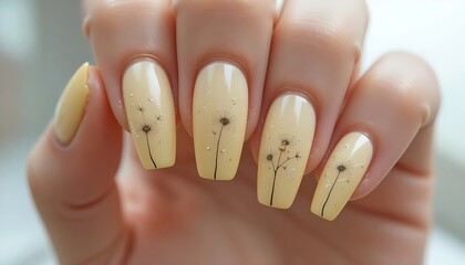  Close-up of almond-shaped nails with a pastel yellow base and delicate white floral designs, perfect for spring or summer