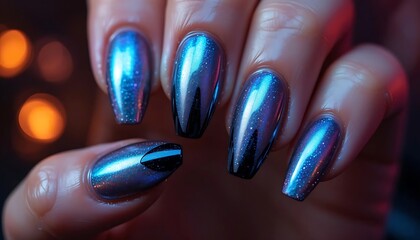  Captivating close-up of almond-shaped nails with a vibrant iridescent blue chrome finish, showcasing dynamic color shifts and a futuristic, bold aesthetic.