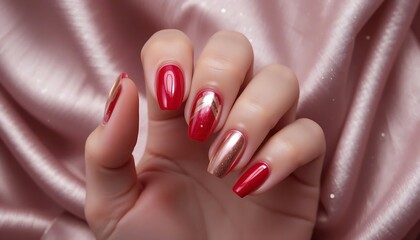 Bold and glossy close-up of almond-shaped nails in a vibrant, shiny red finish, with some nails featuring a subtle metallic or glitter accent for added flair. 