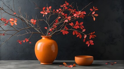 An autumn bouquet of orange flowers in a vase, a still life