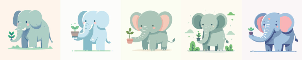 Adorable Elephants with Plants – Eco-Themed Cartoon Animal Vector Set