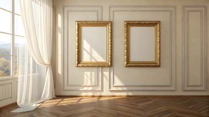 A blank interior room featuring a window with curtains and an empty wooden picture frame on the wall