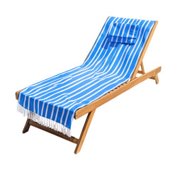 Wooden beach lounger with blue and white striped towel relaxation summer vacation isolated on a transparent background
