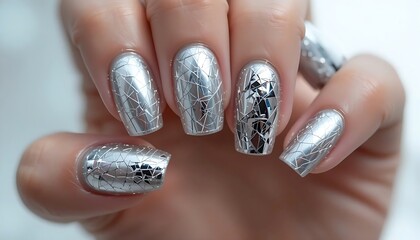 Stunning close-up of almond-shaped nails in a mesmerizing iridescent silver chrome finish, with some nails featuring a scattered glitter effect, offering dazzling shine. 