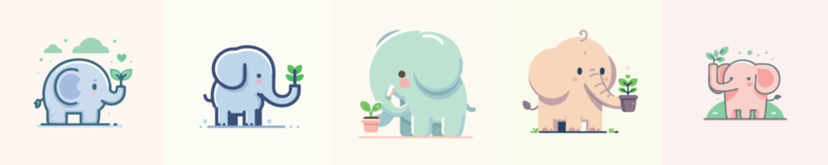 Cute Cartoon Elephants with Plants – Flat Eco-Friendly Animal Illustration Set