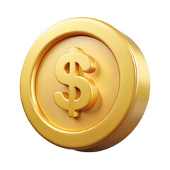 Shiny golden coin with dollar sign symbol isolated on transparent background