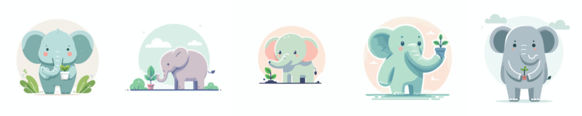 Cute Elephants with Plants – Eco-Friendly Animal Illustration Collection