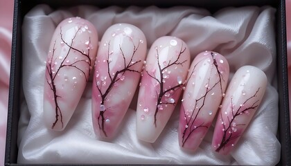  Artistic close-up of almond-shaped nails with a light pink base overlaid with delicate black and red branch or vein-like patterns, evoking a striking, organic aesthetic. 