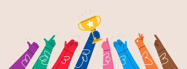 Celebrate winners with cup, many hands clapping, thumb up for celebration. Colorful vector illustration