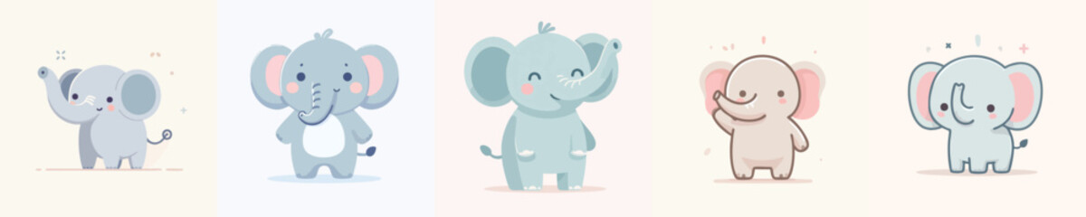 Naklejka premium Cute Baby Elephant Cartoon Collection – Kawaii Animal Characters Set