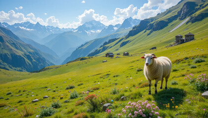 Obraz premium A lone sheep peacefully grazes in a vibrant alpine meadow, set against a breathtaking backdrop of snow-capped mountains and rustic cabins. The scene evokes tranquility and the beauty of untouched nat