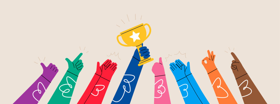 Celebrate winners with cup, many hands clapping, thumb up for celebration. Colorful vector illustration