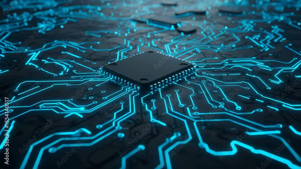 Canvas Prints detailed microchip with glowing blue circuitry in a dark setting technology concept