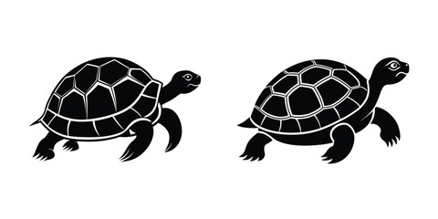 Turtle Walking Slowly Flat Silhouette on White Background
