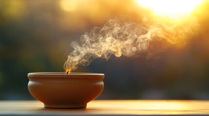 Warm candlelight, rising smoke, sunset glow