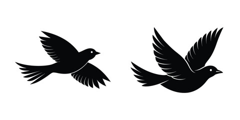 Bird Gliding Through Air Flat Silhouette on White Background