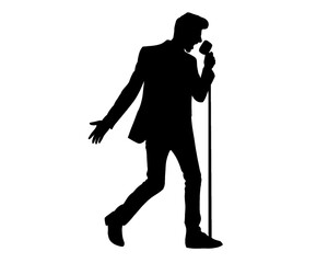 Silhouette of male singer singing, isolated icon on white background.	