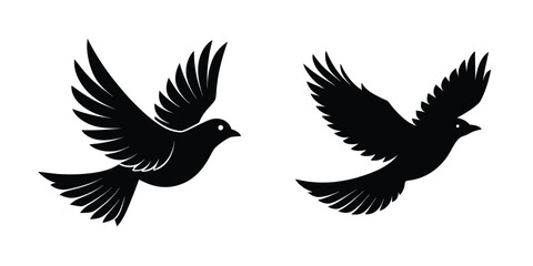 Bird in Upward Flight Flat Silhouette on White Background