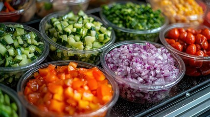 Chopped vegetables in clear plastic containers, ready for a salad bar