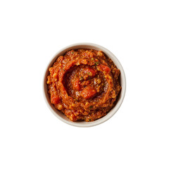 A vibrant muhammara dip shines in a white bowl, presenting a tasty appetizer against a stark transparent background.