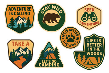 Outdoor adventure badge set featuring camping quotes and forest illustrations. Perfect for t-shirt designs, stickers, travel gear, or hiking-themed merchandise.
