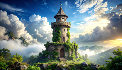A stone tower, ivy-covered, sits atop a mountain shrouded in mist, under a vibrant sunset sky filled with dramatic clouds