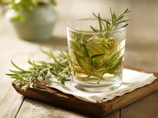 Handcrafted herbal drink glass on wood tray with soft white napkin styling