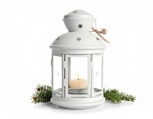 Elegant white lantern with Christmas tree branches
