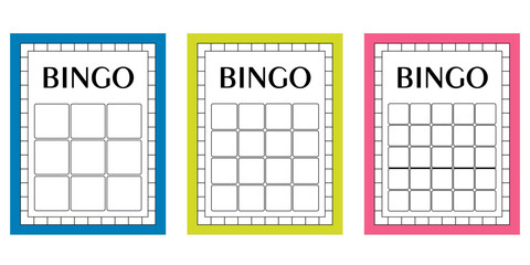 Set of empty bingo cards with no numbers. Clean lotto gambling ticket templates. Vector illustrations of blank keno sheets for casino-themed games, lucky draw designs and betting concepts.