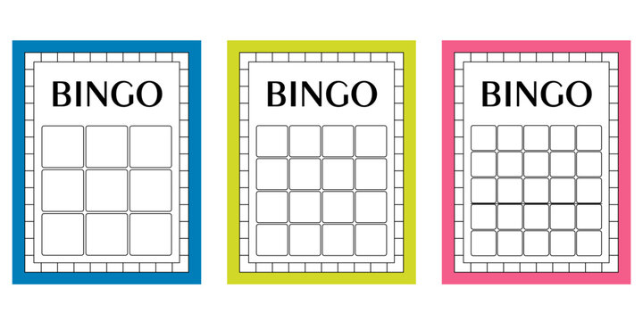 Set of empty bingo cards with no numbers. Clean lotto gambling ticket templates. Vector illustrations of blank keno sheets for casino-themed games, lucky draw designs and betting concepts.
