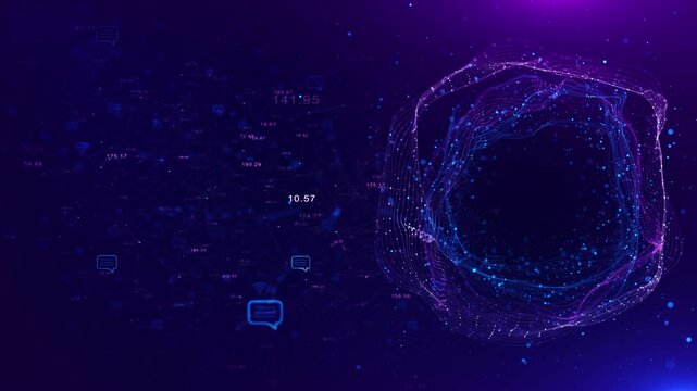 Digital circles of blue glowing dots. Big Data visualization into cyberspace digital circle interface on dark background, abstract technology theme, high-tech ring, cyber design, modern innovation