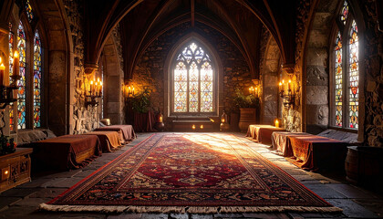 Obraz premium A sunlit stone chapel interior with stained-glass windows, a long patterned rug, and low benches along the walls, illuminated by candlelight