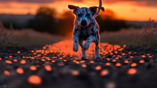Dalmatian running on glowing path at sunset
