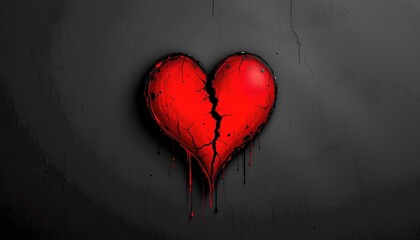 the image features a heart symbol that is colored red with a black outline, the heart appears to be cracked open along its right side, revealing an empty cavity