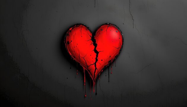 the image features a heart symbol that is colored red with a black outline, the heart appears to be cracked open along its right side, revealing an empty cavity