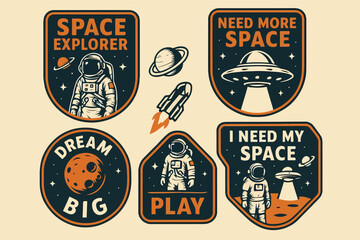 A collection of vintage space-themed badge illustrations with astronauts, rockets, planets, UFOs, and space exploration quotes. Perfect for stickers, patches, t-shirts, and other designs.