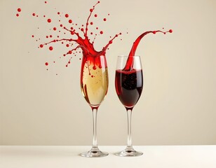 the image presents a celebratory scene with two champagne glasses filled with sparkling white wine and red wine respectively