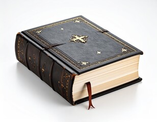 Antique Book with Intricate Leather Binding on White Background