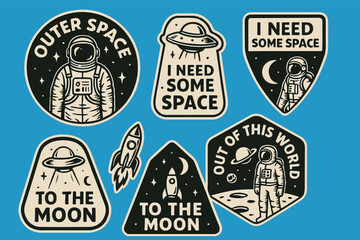 Vintage Space Badge Illustrations – Astronauts, Rockets, Planets, UFOs & Exploration Quotes for Stickers, Patches & T-Shirts

