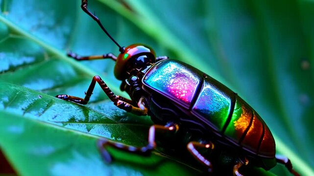 Macro of iridescent beetle with metallic rainbow shell resting on vibrant green leaf. Concept of insect diversity and natural brilliance