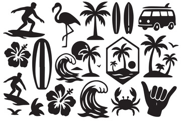 A tropical beach and surf-themed vector set with palm trees, waves, surfboards, a van, flamingos, and ocean elements in a bold black silhouette style. Perfect for t-shirt designs, and branding. 