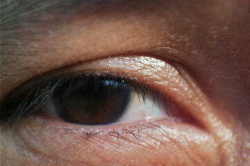 Close-up macro shot of a human eye, capturing the intricate details of the skin, eyelashes, and...
