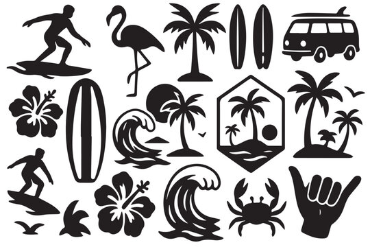 A tropical beach and surf-themed vector set with palm trees, waves, surfboards, a van, flamingos, and ocean elements in a bold black silhouette style. Perfect for t-shirt designs, and branding.
